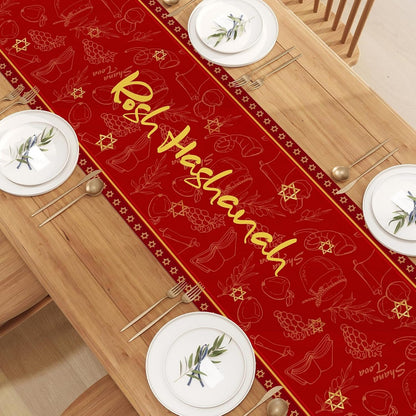 Linen Gold Rosh Hashanah Table Runner Jewish Festival Shana Tova Decorations and Supplies for Home Kitchen Dining Room Table, Colourful, GHJ-10384
