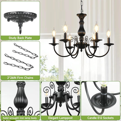 6-Light Farmhouse Chandelier for Dinning Room,Vintage Black Candle Hanging Pendant Light, Rustic Island Candle Chandelier for Living Room,Bedroom,Entryway Foyer, Ceiling Hanging Lamp3