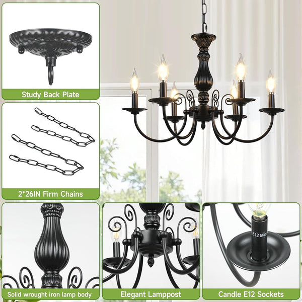6-Light Farmhouse Chandelier for Dinning Room,Vintage Black Candle Hanging Pendant Light, Rustic Island Candle Chandelier for Living Room,Bedroom,Entryway Foyer, Ceiling Hanging Lamp3
