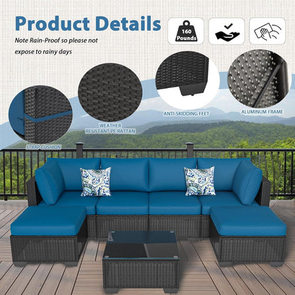 7 Piece Outdoor Patio Furniture Set, Outdoor Sectional Conversation Furniture Chair with Coffee Table, Patio Sectional for Backyard, Garden(Peacock Blue Cushion and Black Rattan)3