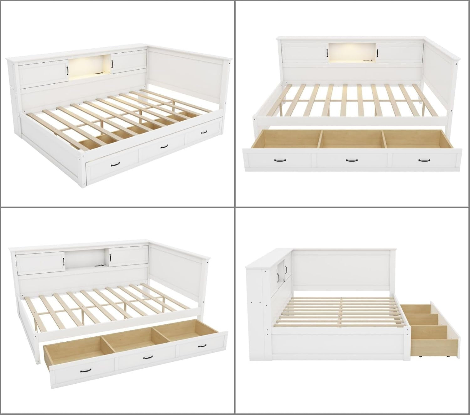 full-size-corner-bed-frames-with-storage-drawers-bookcase-charging-station-led-downlight-wooden-l-shaped-captain-daybed-platform-for-small-room-bedroom-guest-room-kidsroom-white