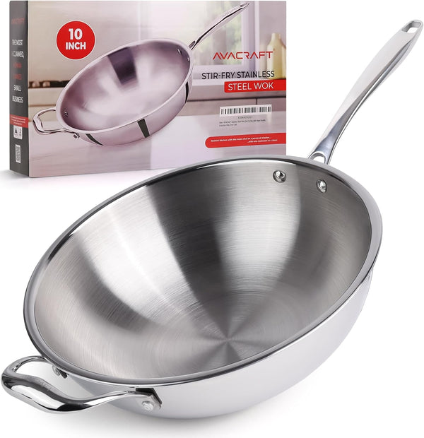 10 Inch Tri-Ply Stainless Steel Wok with Helper Handle | Full Tri-Ply Body, Flat Bottom, Ergonomic Helper Handle, Induction Compatible, Oven Safe, Dishwasher Safe1