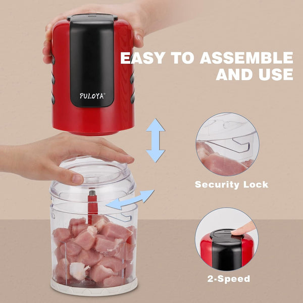Mini Prep Food Processor 2 Cup Small Electric Food Chopper 2 Speed for Vegetables, Meat, Fruits and Nuts with 4 Stainless Steel Blades, 400-Watt, Red3