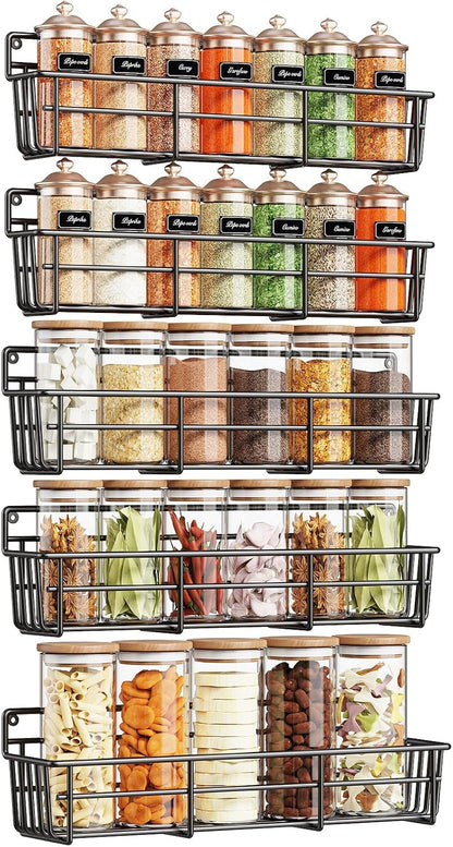5 Pack Spice Rack Seasoning Organizer Wall Mount, Screw or Adhesive Hanging Shelf Basket Spice Organizer Shelf for Kitchen, Black1