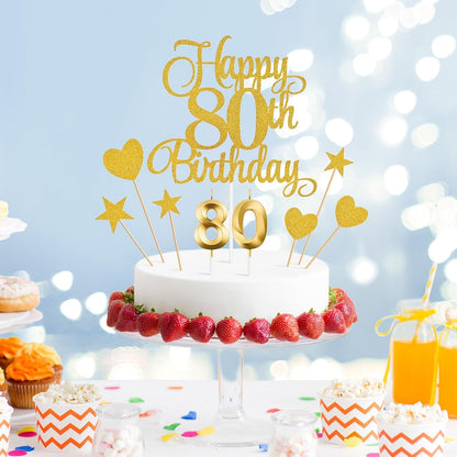 80Th Birthday Cake Decorations, 80Th Birthday Candles Cake Numeral Candles and Glitter Happy 80Th Birthday Cake Toppers Set for Birthday Party Supplies (Gold)3