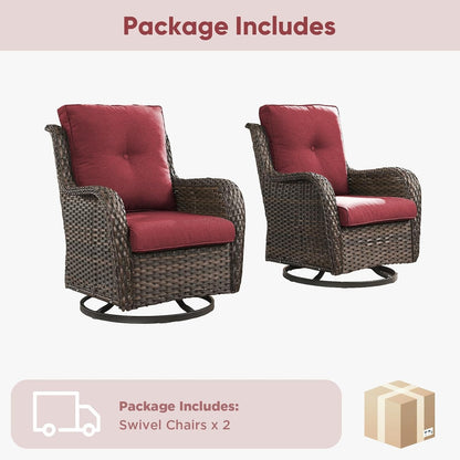 Outdoor Swivel Chairs Set of 2,Patio Wicker Rocker Chairs,All Weather Patio Conversation Furniture Set, Ideal for Porch Balcony Deck Yard, Brown Wicker/Red8