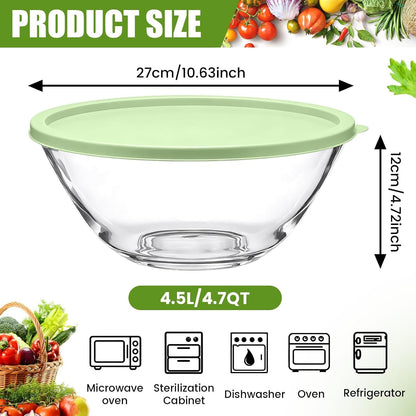 2 Pcs 4.75 Qt Glass Mixing Bowl with Lid Thickened Borosilicate Glass Bowl for Baking Sourdough, Meal Prep, Salad, Mixing, Microwave Storage Prepping Freezer Safe2