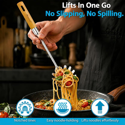 Stainless Steel Cooking Utensils Set with Wooden Handle, 7 Pcs Long Kitchen Utensil Set Stainless Steel, Heat Resistant Metal Spatula Set for Cooking with Turners, Skimmer, Ladle, Pasta Fork6