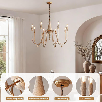 38.2" French Country Chandelier, Modern Farmhouse 8-Light Candle-Style Chandeliers Wood Pendant Light Fixture for Dining Room Living Room4