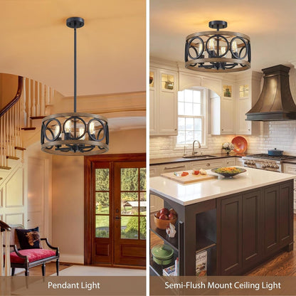 Black Dining Room Light Fixtures Modern Farmhouse Chandelier for Dining Room Living Room Kitchen 16'' Drum Metal Black and Wood Grain Finish, 4-Light round Hanging Chandelier Pendant2