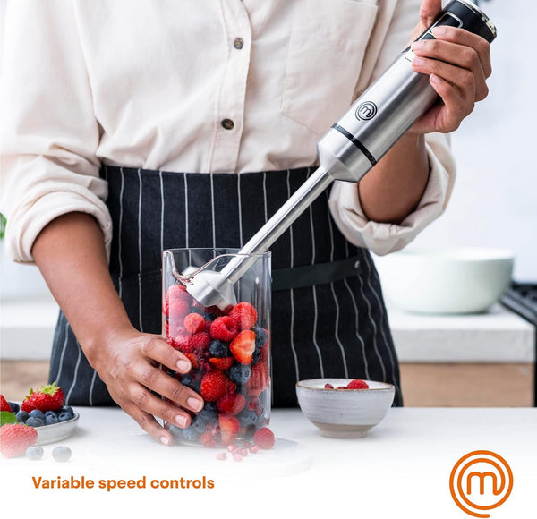 Masterchef Immersion Blender Handheld with Electric Whisk & Milk Frother Attachments, Hand Held Stainless Steel Stick Emulsifier for Making Baby Food, Soup, Puree, Cake, Cappuccino, Latte Etc, 400W4