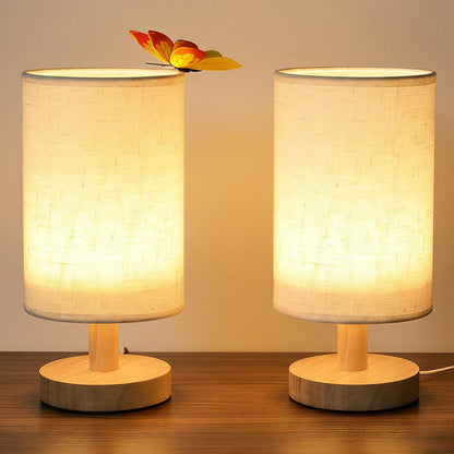 Small Table Lamp Set of 2, round Short Bedside Lamps 2700K Warm LED with Linen Shade & Wood Base, USB Mini Nightstand Lamps for Bedroom Desk1