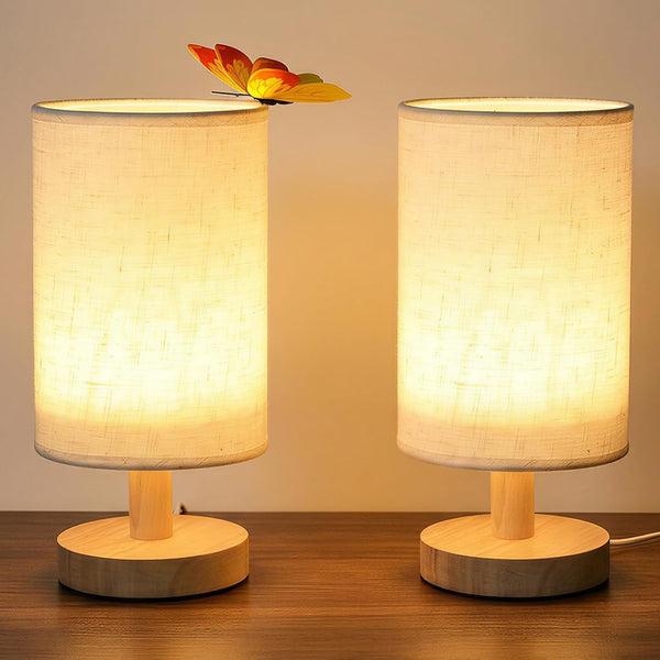 Small Table Lamp Set of 2, round Short Bedside Lamps 2700K Warm LED with Linen Shade & Wood Base, USB Mini Nightstand Lamps for Bedroom Desk1