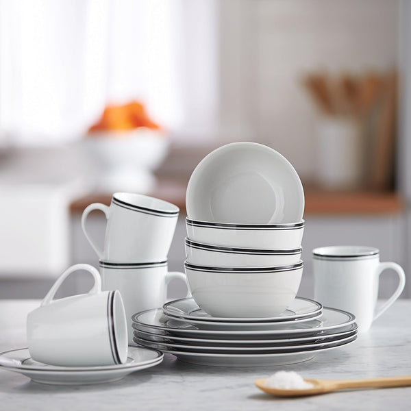 16-Piece Cafe Stripe Dinnerware Set, Microwave and Dishwasher Safe, Plates, Bowls, Mugs, Service for 4, Black6