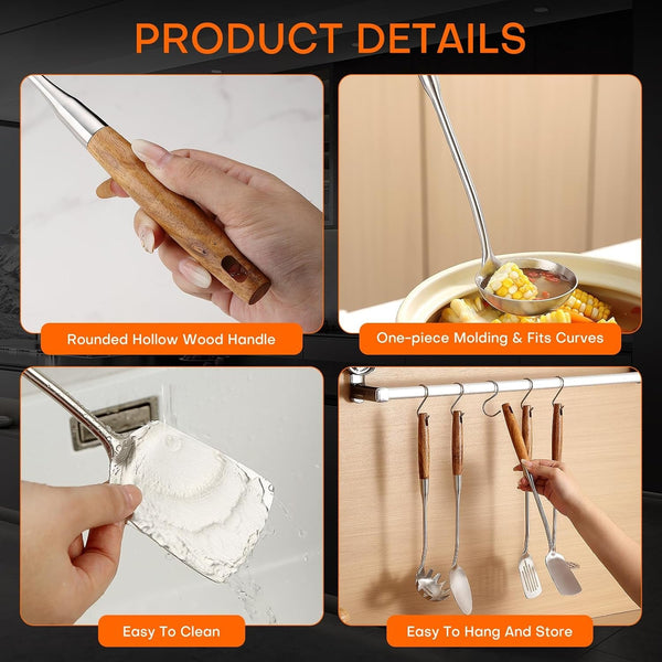 10 Pcs Cooking Utensils Set 304 Stainlss Steel Kitchen Utensils Set Heat Resistant Wooden Handle Kitchen Tools Metal Kitchen Utensil Soup Ladle Set, Dishwasher Safe5