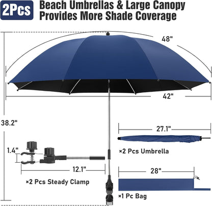 2 PACK Beach Umbrella with Clamp, 360 ° Adjustable Umbrellas for Chair, UPF50+ Umbrella for Beach Chair, Patio Chair, Wheelchair, Camping Chair, Golf Carts (Chair Not Included)5