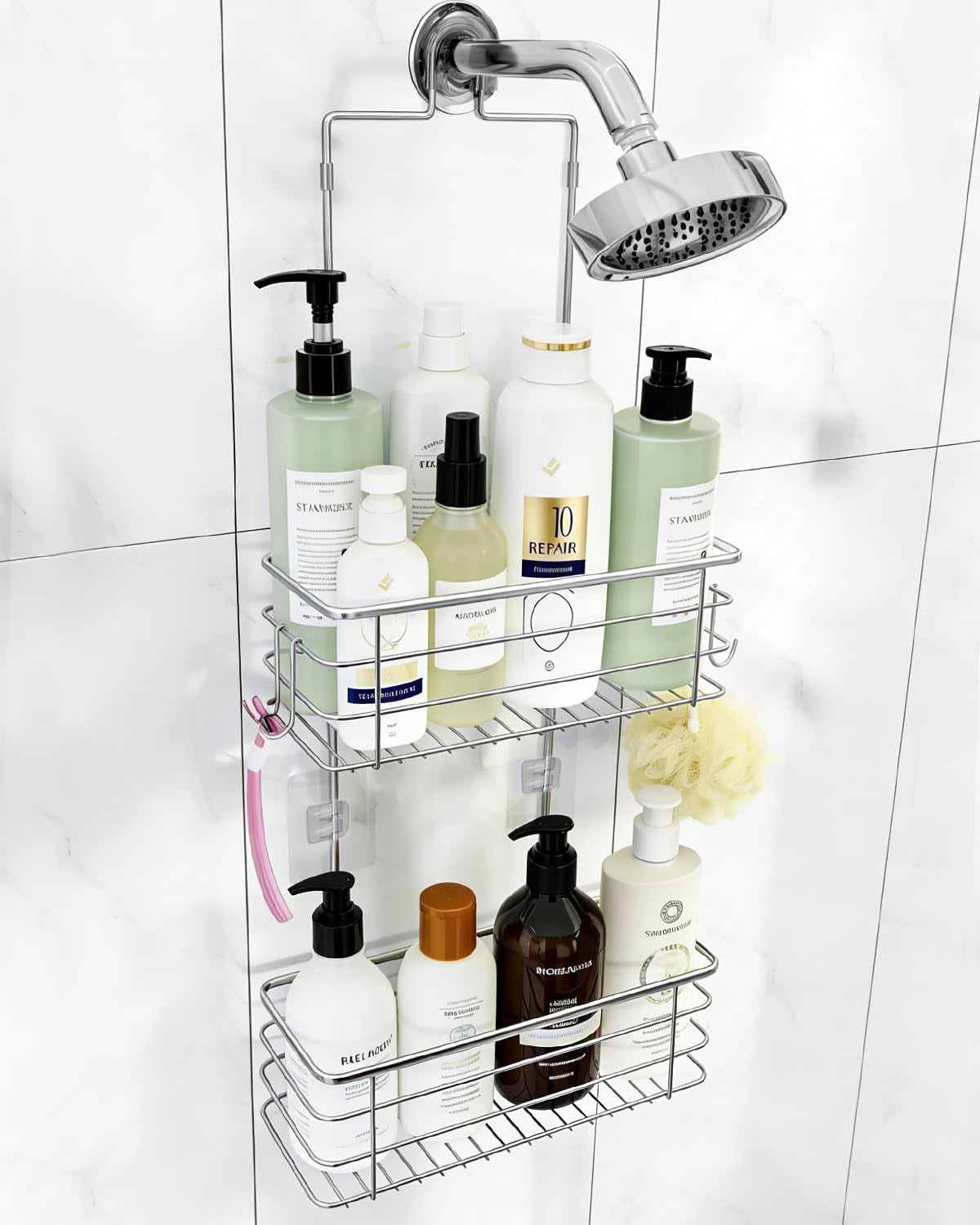 hanging-shower-caddy-stainless-steel-2-tier-bathroom-organizer-rack-over-shower-head-with-2-hooks-for-razor-and-sponge