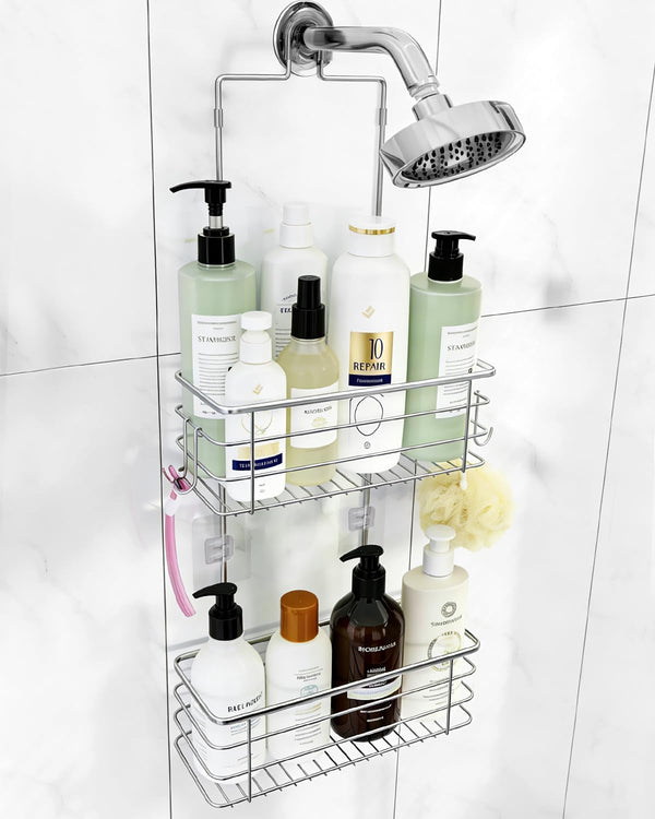 Hanging Shower Caddy, Stainless Steel, 2-Tier Bathroom Organizer Rack over Shower Head with 2 Hooks for Razor and Sponge3