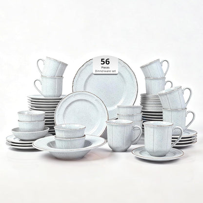Homevss 56Pc Dinnerware Set, Plate and Bowl Set, Stoneware Dishes Set for 8, Microwave and Dishwahser Safe, Scratch Resistant, French Countryside Speckled Antique Grey1