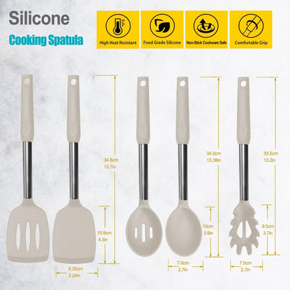 Silicone Spatula and Cooking Spoon,5 Pack Non-Stick Cooking Utensils for Kitchen，Heat Resistant Solid & Slotted Spoons and Spatulas, Stainless Steel Handle Coated with Silicone, Khaki2