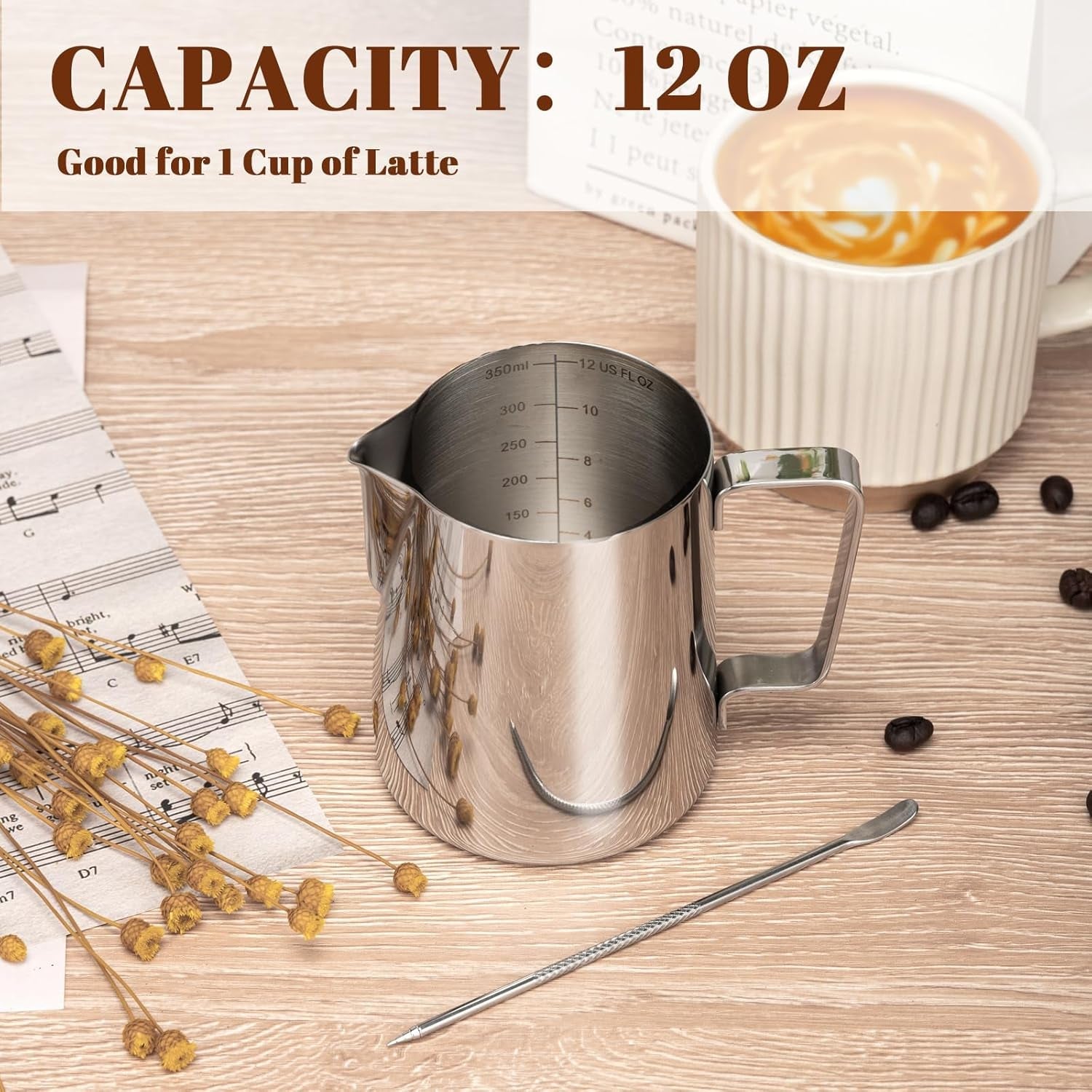 milk-frothing-pitcher-12oz-frother-cup-barista-tools-silver-18-8-stainless-steel-12oz-capacity-with-clear-scale-with-decorating-pen-ergonomic-handle-for-cappuccino-latte-espresso