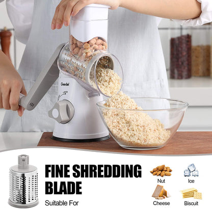 Rotary Cheese Grater Hand Crank, Cheese Shredder Vegetable Slicer | 3 Blades, 430 Stainless Steel, 12X Fast Cutting, Strong Suction Base, No BPA, Dishwasher Safe, for Cheese, Veggie, Nut5