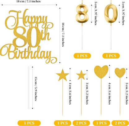 80Th Birthday Cake Decorations, 80Th Birthday Candles Cake Numeral Candles and Glitter Happy 80Th Birthday Cake Toppers Set for Birthday Party Supplies (Gold)2