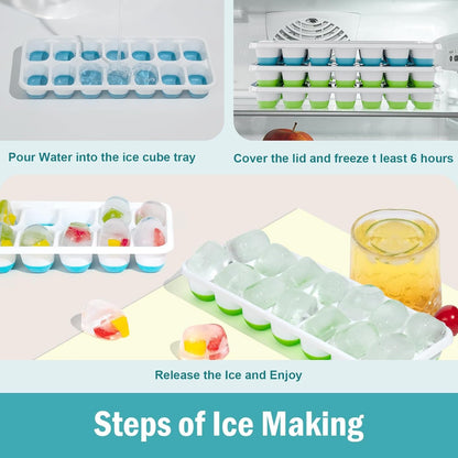 3 Pack Ice Cube Trays with Lid for Freezer, Flexible Silicone Bottom for Easy Release, Stackable Space-Saving Ice Molds, 1.2" Cubes Color-Coded (2 Green 1 Blue) for Juice, Coffee & Cocktails, BPA Free4
