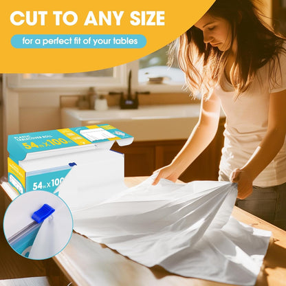 White Plastic Table Cover Roll - 54IN X 100FT, Table Cloth for Rectangle Table with Slide Cutter, Plastic Table Cloth Disposable with Cut-To-Size Design for Weddings, Banquets, Parties | Rectangle Tables, Slide Cutter, Cut-To-Size, Weddings Banquets Parties3