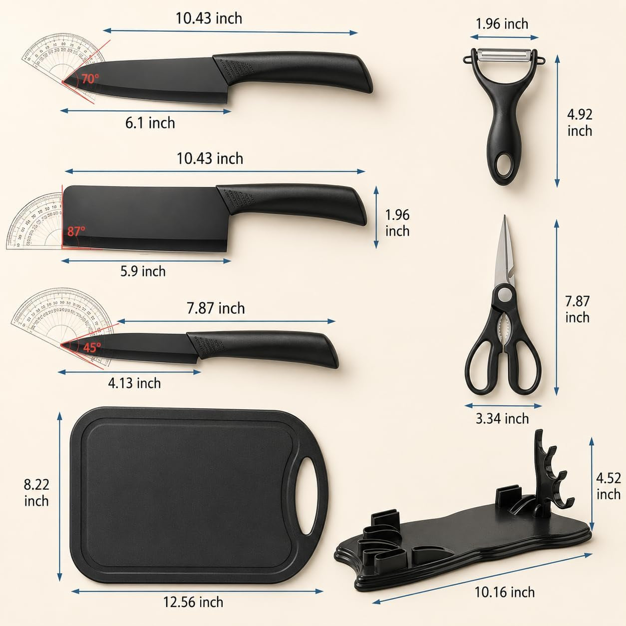 7pcs-kitchen-knife-set-5-black-stainless-steel-knives-with-sheaths-cutting-board-and-a-knife-block-stainless-steel-kitchen-knives-with-pp-ergonomic-handle
