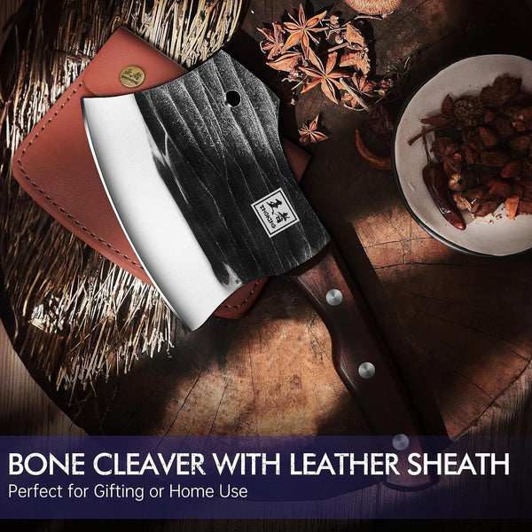 5.7" Bone Cleaver Knife, Heavy-Duty Butcher Knife with Full Tang Hand-Forged Blade, Meat & Bone Chopper with Leather Sheath for Kitchen7