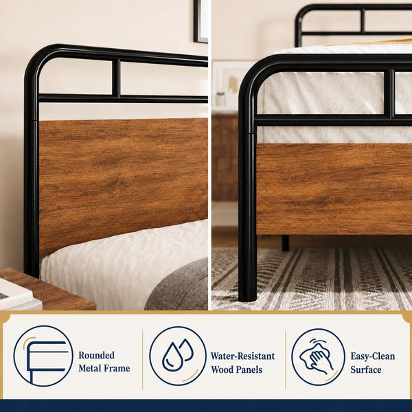 Full Size Industrial Bed Frame with Wood Panels, Walnut5