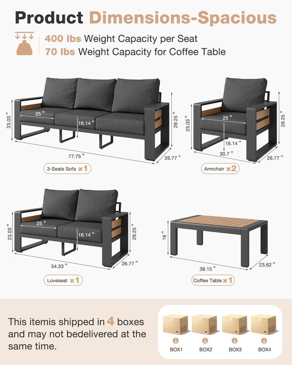 Aluminum Patio Furniture Set, 5 Piece Luxury Outdoor Sectional with 6" Olefin Fabric Cushions, Patio Conversation Sets with Coffee Table and Waterproof Cover for Backyard, Porch Dark Grey7
