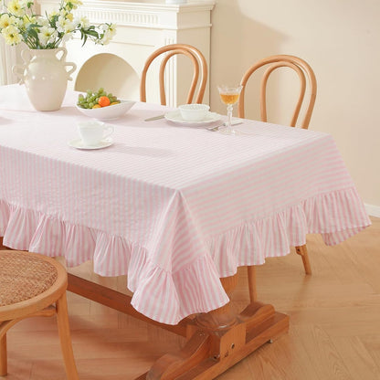 Striped Ruffled Tablecloth Square Spring Cotton Blend Stripe Table Cloth with Tassel, Farmhouse Washable Wrinkle Free Heavy Table Cover for Valentines Day Outdoor Picnic Party, Pink, 55''X55''2