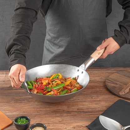 Carbon Steel Wok 1 Pack of 12 Inch Heavy-Duty Stir Fry Pan Silver Hand Hammered Wok Efficient Maneuvering Steel Helper Handle Uniform Heat Distribution Asian Cooking5