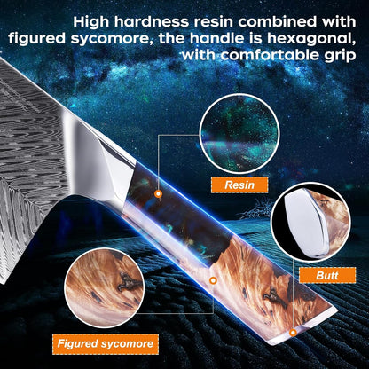 Nebula Series Cleaver Knife, Multipurpose Chinese Chef Knife, 10Cr15Comov Damascus Steel Blade, Resin and Figured Sycamore Handle, Full Tang, 7 Inch, Blue, for Meat, Vegetable Shredding3