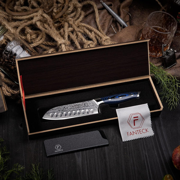 FANTECK Santoku Knife 5 Inch Damascus Japanese Steel Kitchen Knife,Vg10 67-Layer High Carbon Full Tang Best Chef Santoku Knives for Pro Chef&Restaurant, Blue G10 Handle,Gift Box&Sheath8