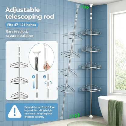Corner Shower Caddy Tension Pole, 4-Tier SS Bathroom Storage Rack4