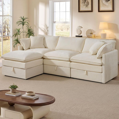 103" Modular Sectional Sofa with Storage, L Shaped Cloud Couch with Movable Ottomans & 4 Pillows, Chenille Deep Seat Sectional Couches for Living Room, Apartment (Beige)9