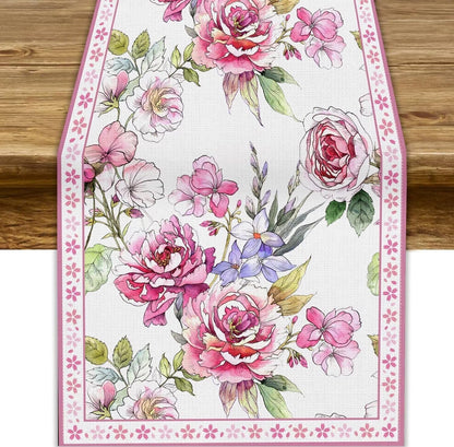 Pink Flower Linen Table Runner,Seasonal Spring Tabletop Collection Table Runner for Kitchen Dining, Banquet, Restaurant, Outdoor Use,Home Party 13X36In1