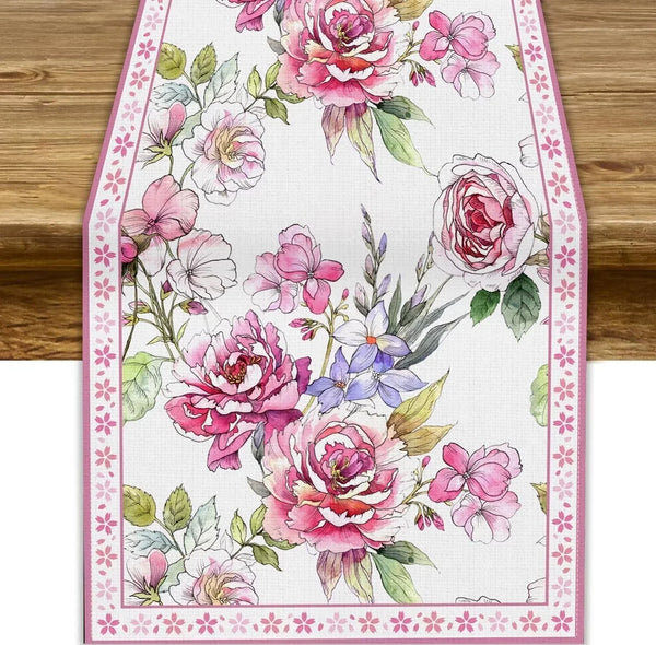 Pink Flower Linen Table Runner,Seasonal Spring Tabletop Collection Table Runner for Kitchen Dining, Banquet, Restaurant, Outdoor Use,Home Party 13X36In1
