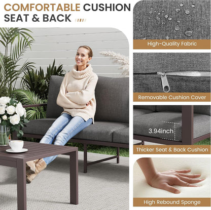 Aluminum Patio Furniture Set 5 Pieces Modern Patio Conversation Sets for Porch, Deck, Garden, 7-Seat Outdoor Furniture Metal Sofa Set with 4" Water-Resistant Cushion & Coffee Table,Gray2