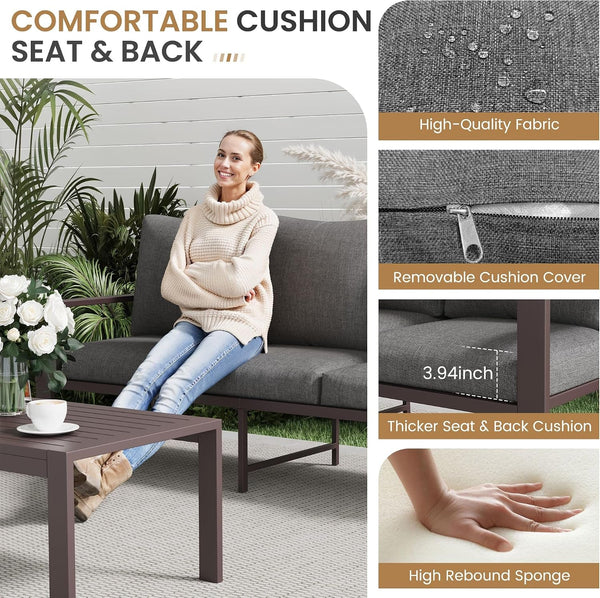 Aluminum Patio Furniture Set 5 Pieces Modern Patio Conversation Sets for Porch, Deck, Garden, 7-Seat Outdoor Furniture Metal Sofa Set with 4" Water-Resistant Cushion & Coffee Table,Gray2