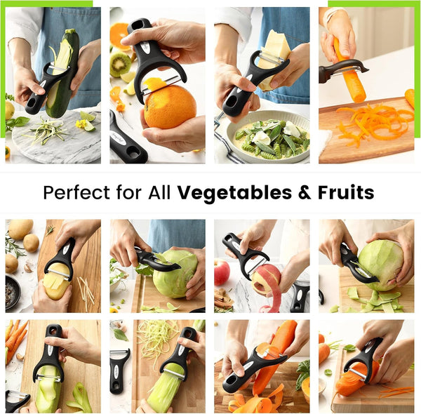Stainless Steel Swivel, Y & Julienne Vegetable Peelers & Cheese Box Grater, XL Size - 4 Product Bundle - Black5