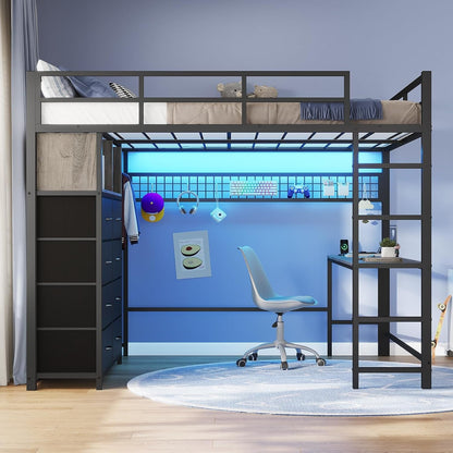 Loft Bed Full Size with Desk and 8 Storage Drawers, Grey9