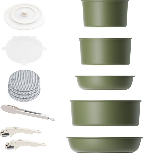 Detachable Nonstick Cookware Set - Stackable Induction Pots and Pans with Removable Handles, Dishwasher Safe - for RV Camping, Oven and Stovetop Use, 5 Pieces (Green)7