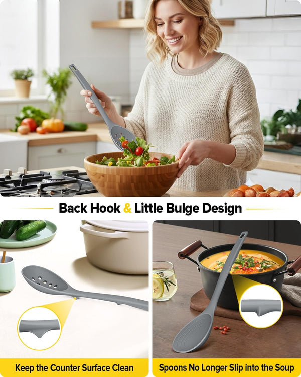 Pack of 2 Silicone Cooking Spoons, Non Stick Solid Kitchen Spoon with Measuring Marks & Back Hooks, Heat Resistant Silicone Slotted Spoon for Cooking, Mixing, Stirring,Serving (GRAY)4