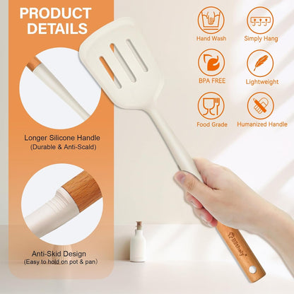 4PCS Silicone Cooking Spatula and Spoons Set, Nonstick Kitchen Utensils Set with Wood Handle, Heat Resistant Silicone Solid and Slotted Spatula Set with Turners, Serving Spoons(Cream White)2