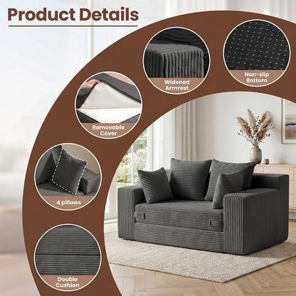 Boneless Mini Couch 53 Inch, 3-In-1 Gray Boneless Couches Covertible Sofa Bed with 4 Pillows, Small Couches for Living Room, Bedroom, Small Space6