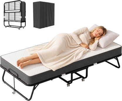 Folding Bed with 5 Inch Memory Mattress, 75” X 31” Foldable Single Cot Size with Wheels for Adults, Portable Rollaway Bed with Metal Frame for Apartment1
